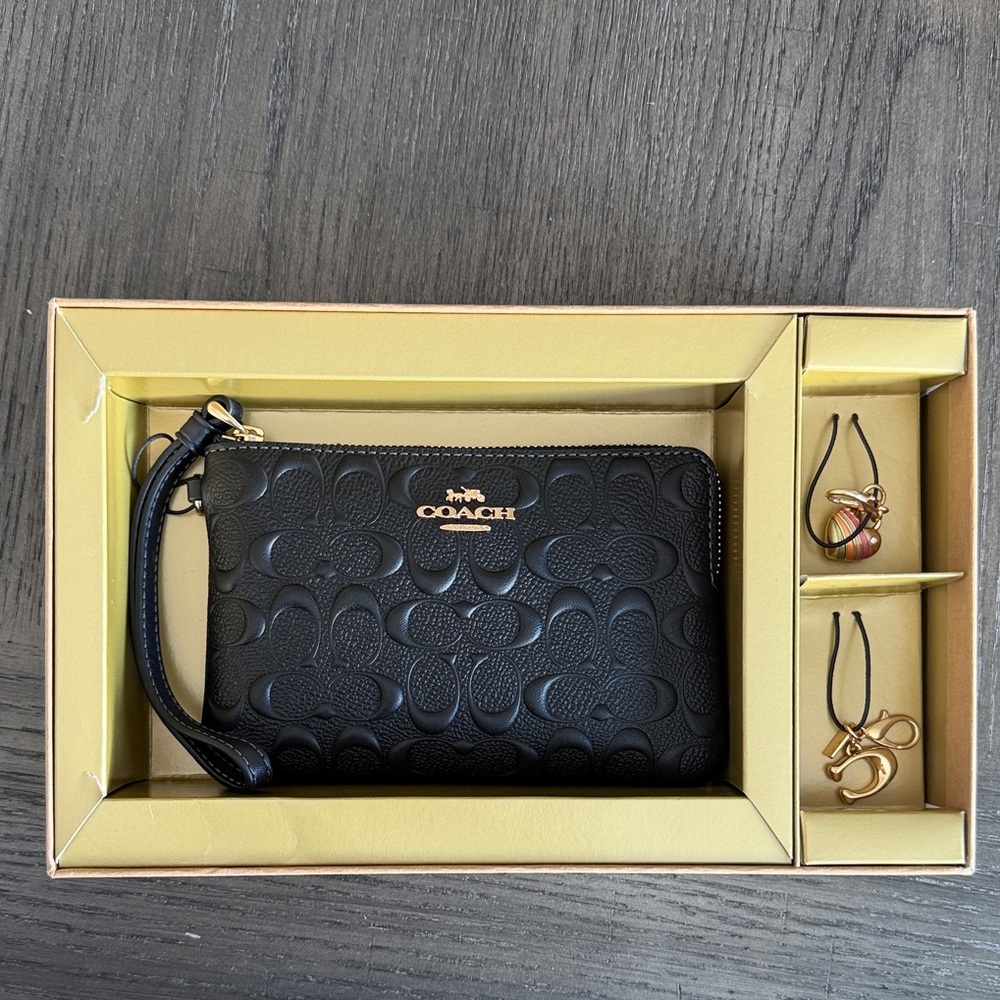 Coach Black Embossed Wristlet and Charms Set